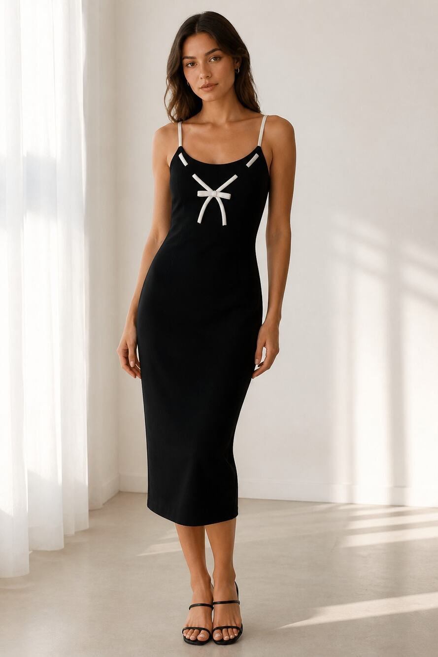 Maggy London Black White Accent Midi Dress Size 8